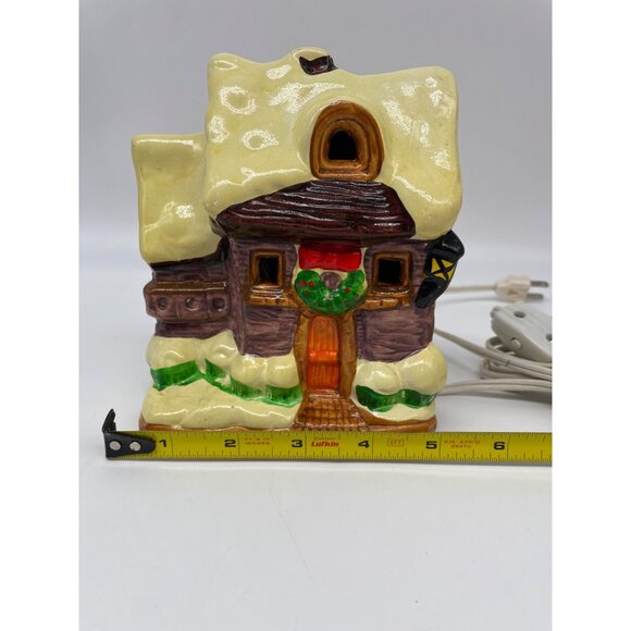 Vtg Holiday Ceramic Illuminated Cabin Snow House Hand Painted Village - Picture 9 of 15